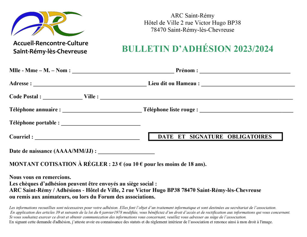 Bulletin d'adhésion 2023-2024 à l'ARC Saint-Rémy